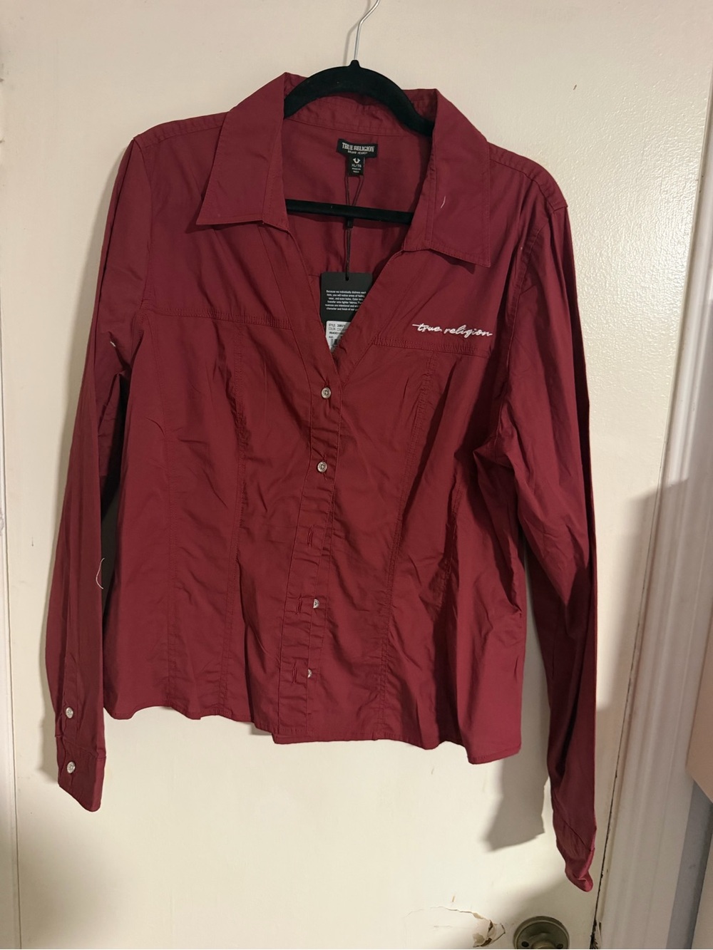 NWT True Religion Branded V Neck Poplin Shirt Cordovan Maroon XL